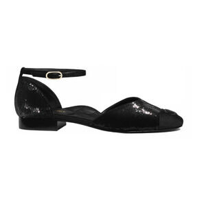 Chanel 20S Black Sequin CC Logo Mary Jane Ankle Strap Ballet Ballerina Flat 38